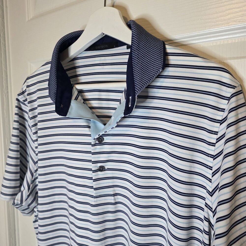 Men’s Greyson Golf Shirt Size Large  Navy White Stripped